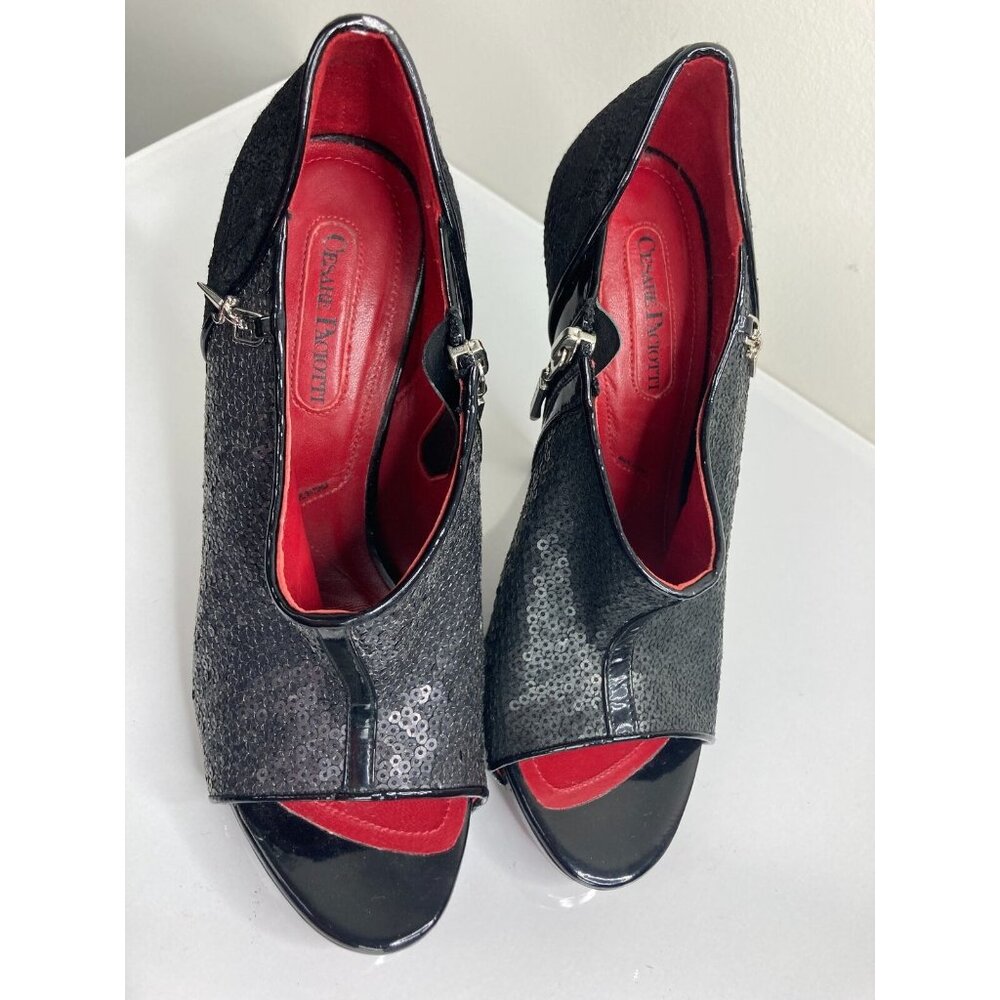 Cesare Paciotti Black and Red Sequin Peep-Toe High-Heel Booties - Picture 4 of 8